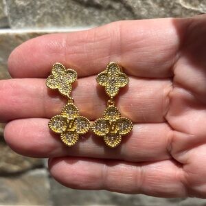 Elegant Gold and Crystal LV Floral Earrings
